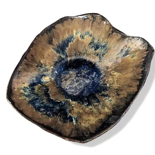 Vintage Studio Art Pottery Raised Footed Bowl Ceramic Blue Brown Signed 8.5"