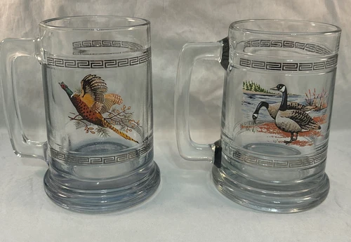 2 Vintage Wild Bird Fowl Glass Tankard Mug Beer Steins (1 pheasant, 1 Geese)