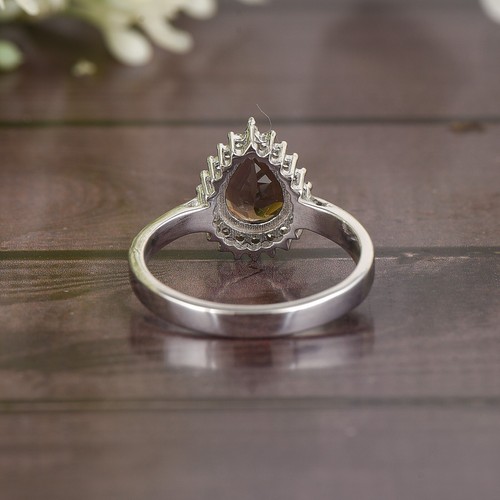 Natural Smoky Quartz Diamond Halo Ring Sterling Silver Ring Gift for Her - Picture 3 of 4