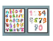 Set of 2 LETTERS and NUMBERS Animals UNFRAMED Alphabet Wall Art Prints Nursery