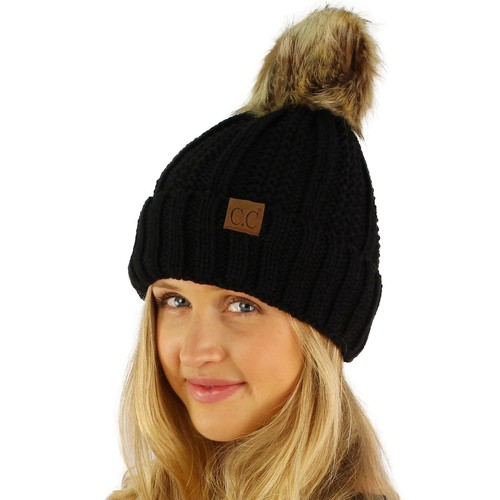 Chunky Knit Stretch Pom Pom Beanie Hat 