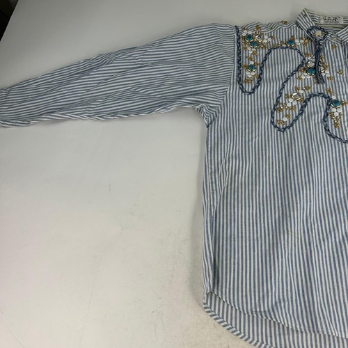 VTG Cotton Hand Decorated Long Sleeve Size M Blue Stripe Rhinestone Embroidered - Picture 4 of 18