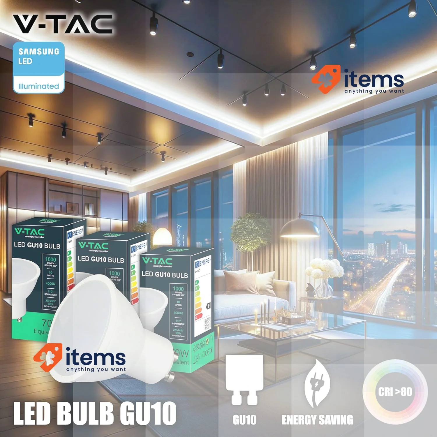 V-TAC 3x GU10 LED Bulbs - High Brightness 10W Pack of 3-4000K Neutral White