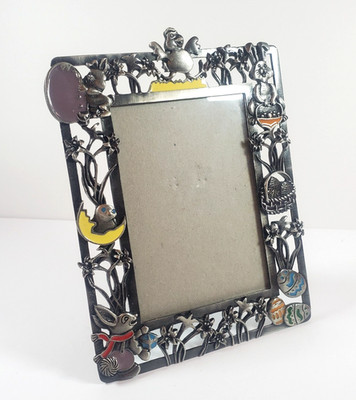 Photo Frame Sun Metal Silver Tone & Enamel Easter Accents Bunny Rabbit Eggs 7x5