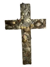 Vintage Mexican Folk Art Milagros Wood Cross Signed Barbara Benham Ryan