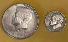 (1) 1964 D Kennedy silver half dollar (1) 1964 D Roosevelt dime circulated used