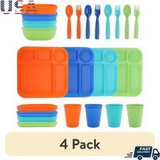 24PC Kids Plastic Dinnerware Set BPA Free Dishwasher Microwave Safe Multi Color