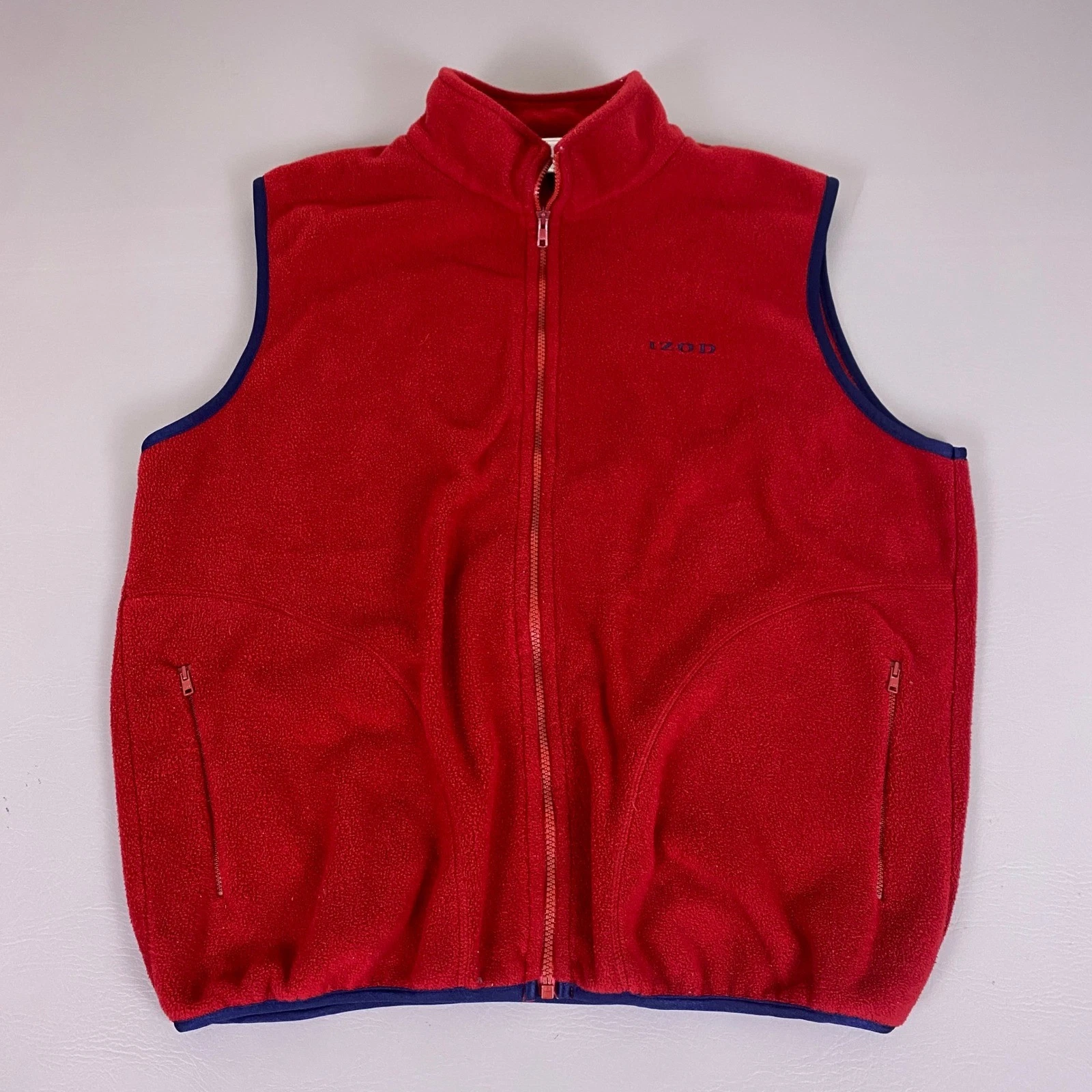 Vintage IZOD Fleece Vest Men's Large L Red Full Zip Mock Neck Sleeveless Jacket
