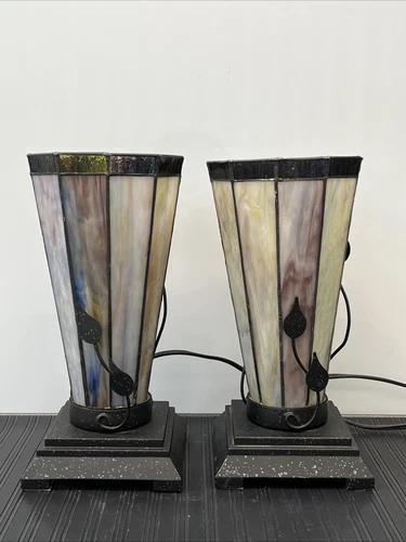 Vintage Marbled Swirl Stained Glass  Vines 11” Tiffany Style Table Lamp Pair