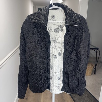 UbU Reversible Jacket Womens Medium Black Floral Crinkle Travel Red Full Zip Art