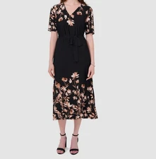 MSK Women's Black Floral-Print MIDI Dress Size S