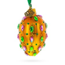 Golden Amber with Pink  Green Jewel Accents Mini Glass Egg Ornament