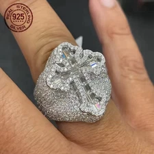 925 Silver Iced Cross Ring 5A CZ Hip Hop Bling Rapper Jewelry Men