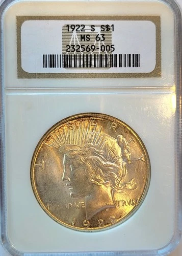 1922-S   NGC MS-63   satiny luster with hint tone.   Peace Silver Dollar   #311