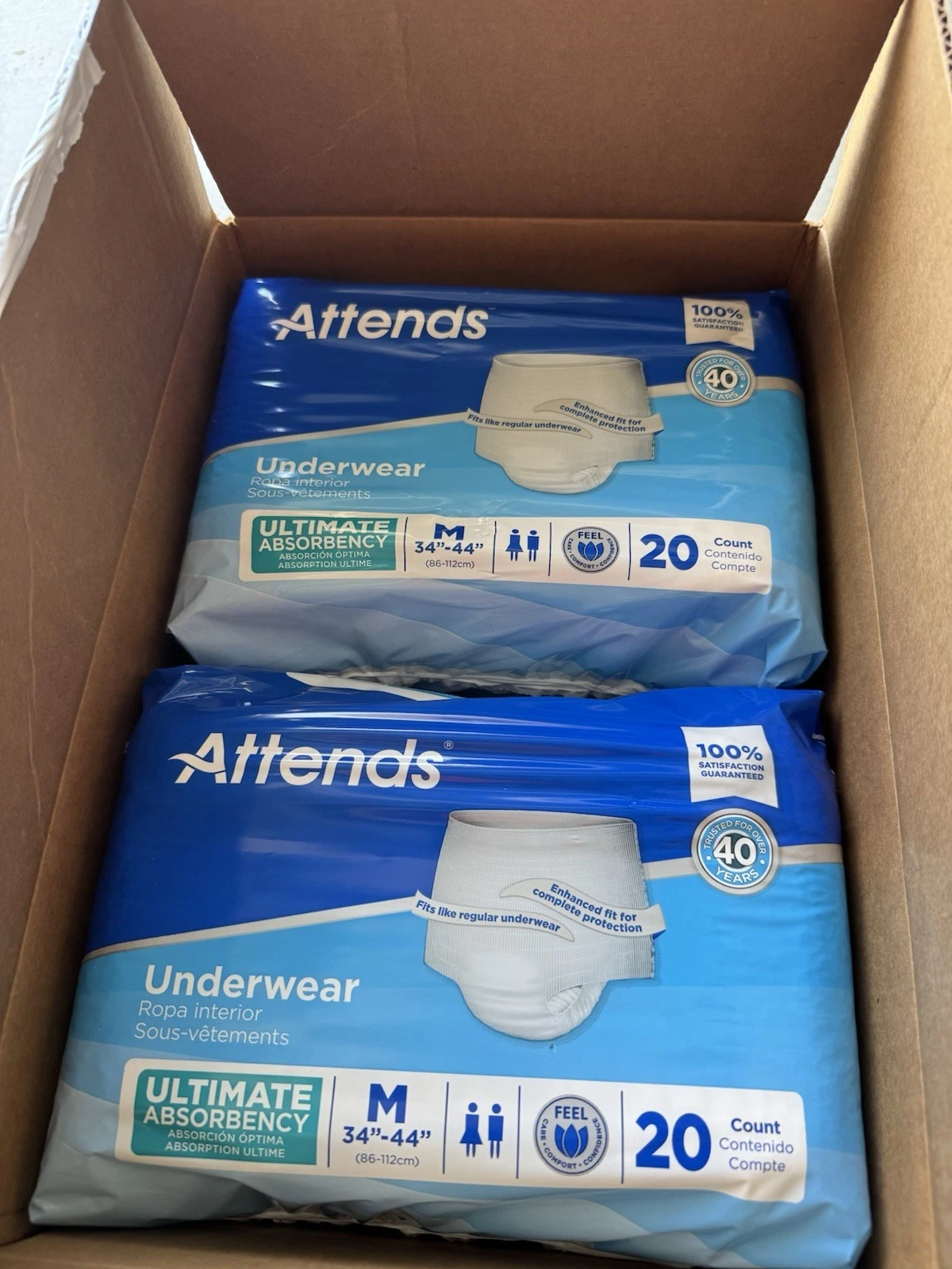 Attends Underwear Medium 80 Count 4 Packs of 20 Maximum Absorb 34”-44” (80 Pack)