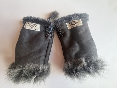 UGG Australia Gray Suede Fur Trim Fingerless Gloves Mittens Lace Up NWOT