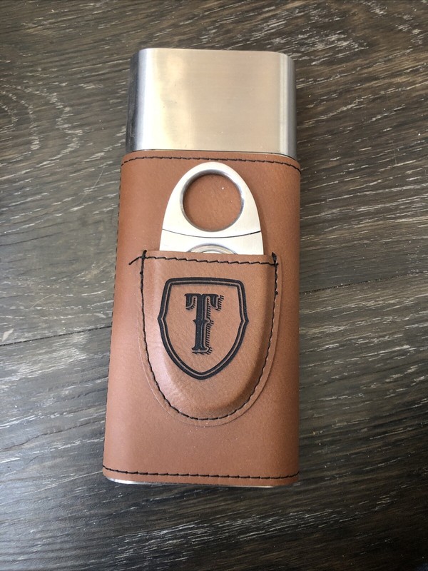 Cigar Case & Cutter Stainless Steel Guillotine Real Leather Pouch, Embroider ‘T’