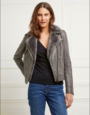White Company - Sheepskin Trim Leather Biker Jacket Grey Uk 14 - Rrp £449 - Bnwt