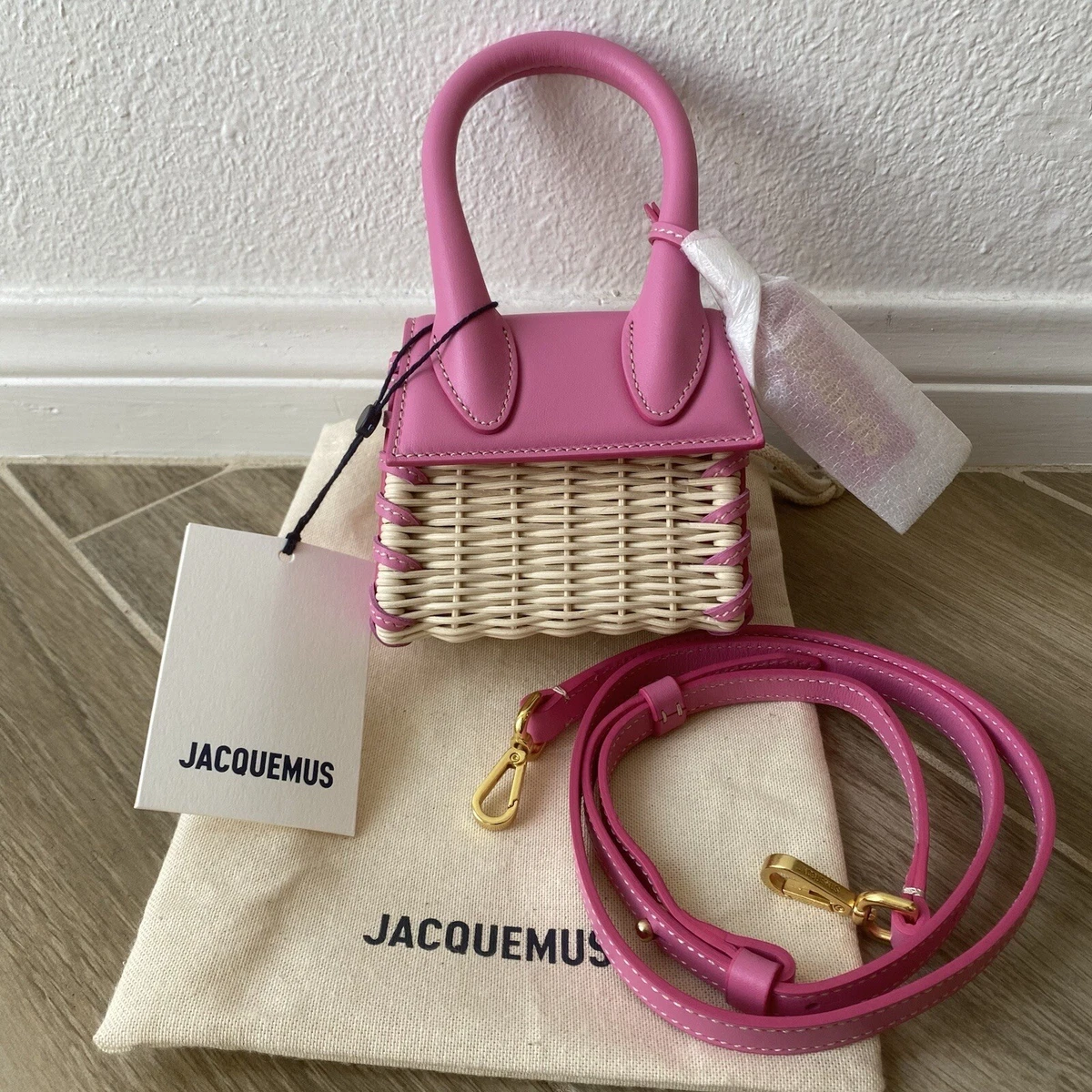 NEW Jacquemus Le Chiquito Osier Bag Raffia and Leather Mini Neutral, Pink