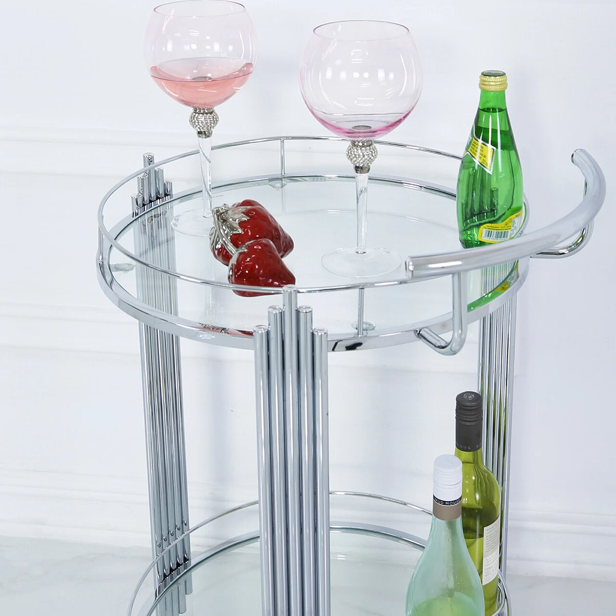 Silver Drinks Trolley with Clear Glass Shelves Mini Bar Cocktail