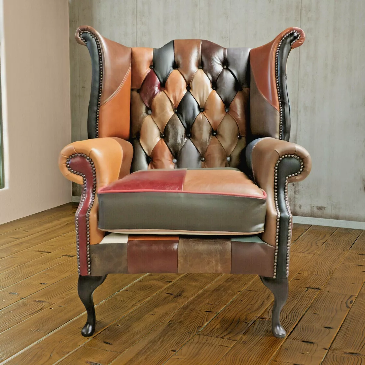 Chesterfield Footstool With Queen Anne Legs in Genuine Antique Patchwork  Leather 