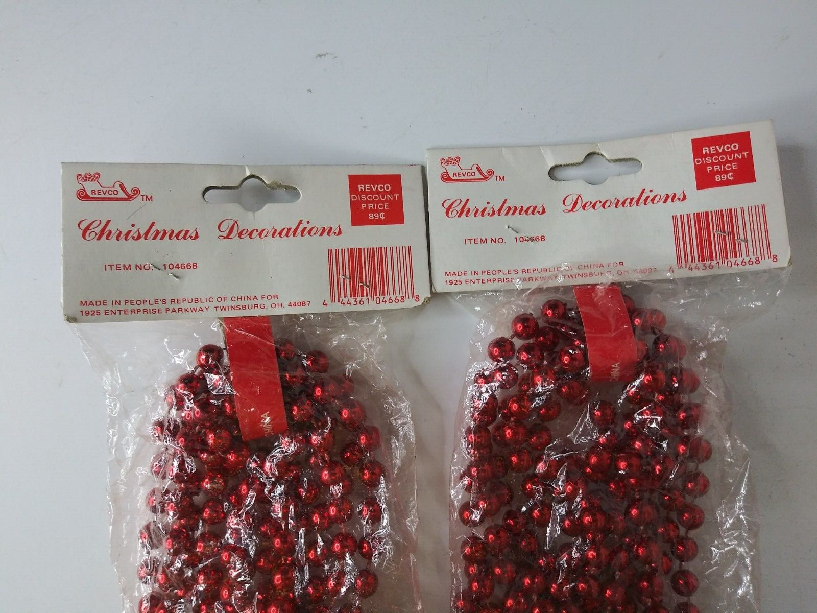 Christmas Lot of 2 Garlands Round Red Bead Vintage NOS 8 Ft Each Revco '70s