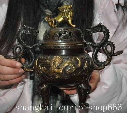 10"old China Ancient bronze Lion beast dragon loong statue Incense burner Censer - Picture 8 of 11