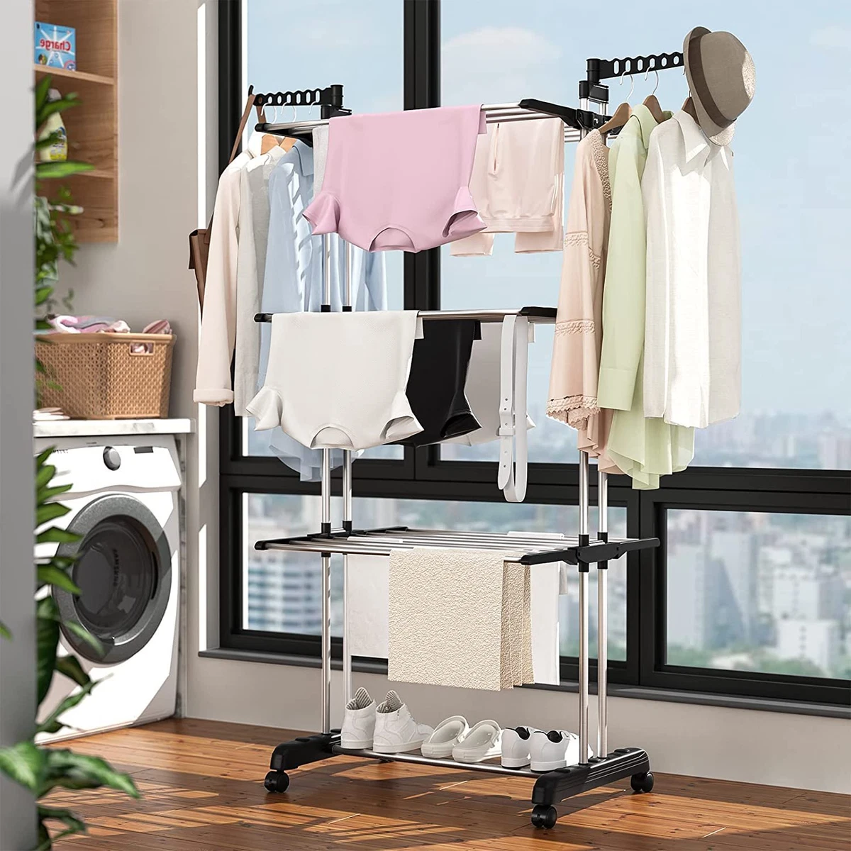 67 Heavy Duty Laundry Clothes Drying Rack Portable Folding Rolling Dryer  Hanger