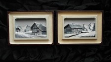 Coppia Quadri Legno Scolpito a Mano MALLO - Paesaggi Alpini Neve 24x18cm Vintage