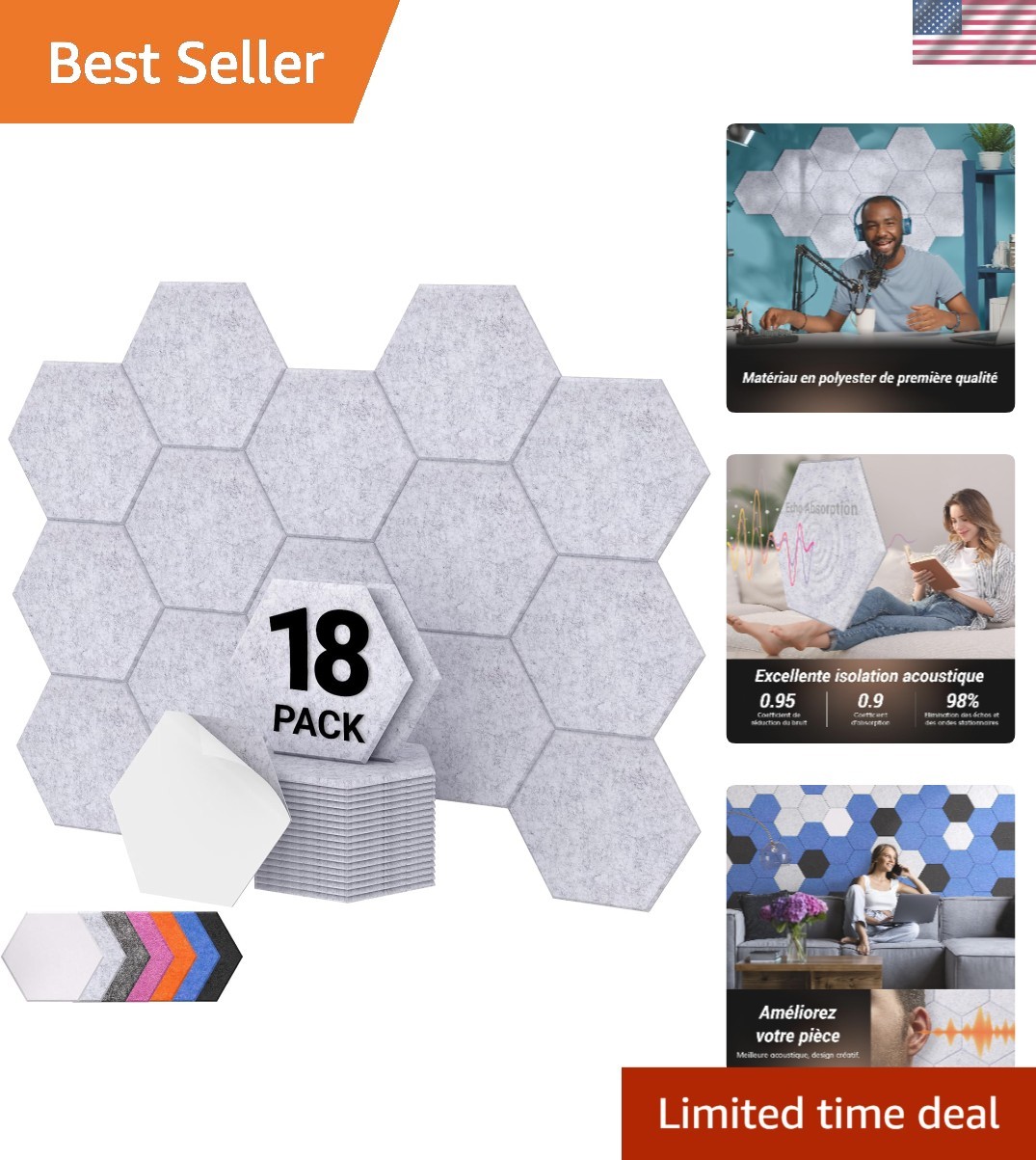 Mousse acoustique de studio 18 panneaux gris pour bureau et gaming