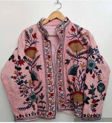 Ethnic Pink Floral Embroidered Jacket Boho Cropped Coat Handmade Style