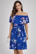 Lipsy Blue Floral Dress 10 Bardot Shoulder Party Ruffle Belt Summer Holiday Mini