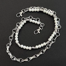 Pearl & Silver-Tone Metal Design Double Layer Wallet Jeans Biker Key Chain 