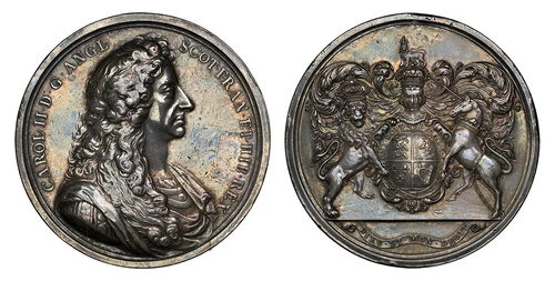 England Charles II. (1683) AR Presentation Medal. NGC AU55 Eimer 267
