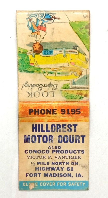Vintage matchbook cover advertising the Hillcrest Motor Court in Fort Madison IA