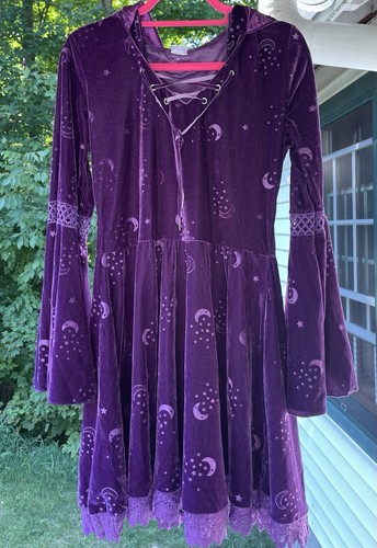 Costume Womens L Velvet Witchy Dress Celestial Coven Whimsigoth Halloween Hooded - Picture 2 of 10