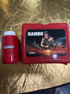 Rambo Lunchbox with Thermos Cup 1985 Vintage Red Plastic Collectible Set