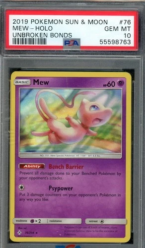 Mew Pokemon TCG Unbroken Bonds Holo 76/214 Graded PSA 10 Gem MT