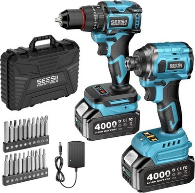 Brushless Cordless Drill & Impact Driver Electric Power Tool Combo Kit 2xBattery