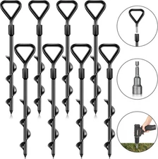 Gisafai 8 Pcs 12" Heavy Duty Trampoline Stakes with Drill Bit Metal Black 