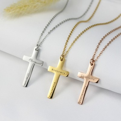 Personalized Cross Necklace: Engraved Name & Birthdate, Stainless Steel