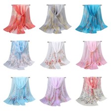 Women Elegant Leaves Flowers Pattern Bandelet Scarf Floral Chiffon Wrap Muffler