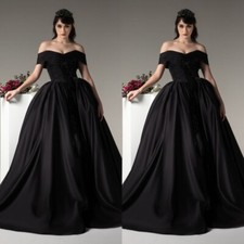 Gothic Wedding Dresses Off Shoulder Sweep Train A Line Black Bridal Gowns