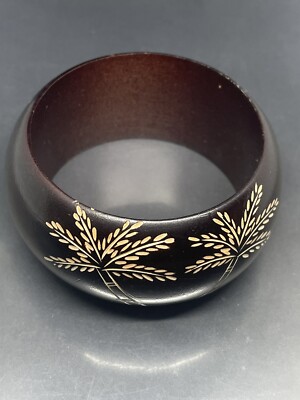 WOODEN BROWN CARVED PALMS BEACH TROPICAL CHUNKY ETHNIC 7.67  BANGLE BRACELET