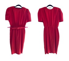 Vintage Red Short Sleeve Belted Pencil Sheath Midi Dress Size 12