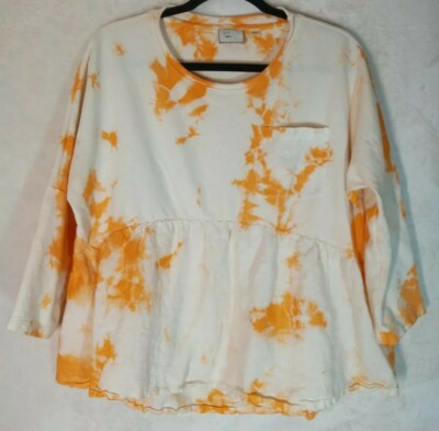 Postmark Women's Medium Tye-dye Tee Top Peplum 3/4 Sleeve Orange Cotton Linen