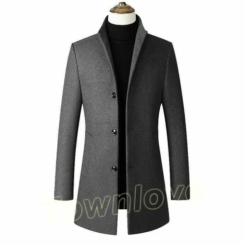 Mens Stand collar CasualTrench Coat Wool Blend Jacket Single Breasted Outwear - Bild 2 von 32