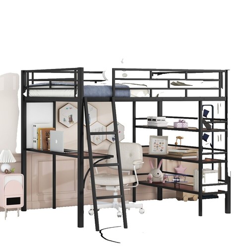 Novogratz Axel Metal Loft Bed With Desk – Full Size, Black & Off-White, Built-in Shelves, Space Saving For Teens & Dorms