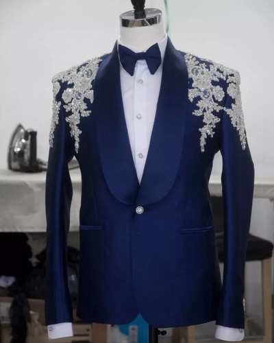 Luxury Men's Rhinestone Decal Jacket Pant 2 Pieces Slim Fit for Wedding Business - Picture 2 of 16