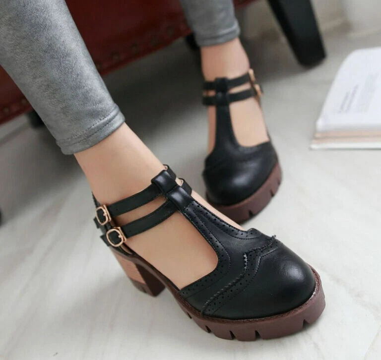 Vintage Womens Ladies Block High Heel Mary Jane Round Toe Oxford